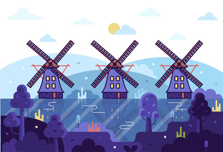 Three mills by the river. Vector cartoon illustration in flat stileのイラスト素材
