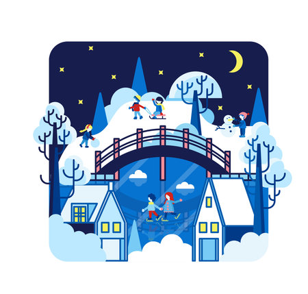 Vector cartoon illustration in flat stile. Holland in winter, boat garage, bridge, trees in a snowdrift. Children playing winter games outsideのイラスト素材