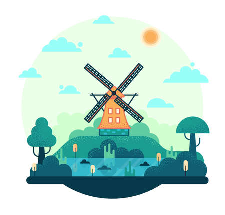 Wind mill by the river. Vector cartoon illustration in flat stileのイラスト素材