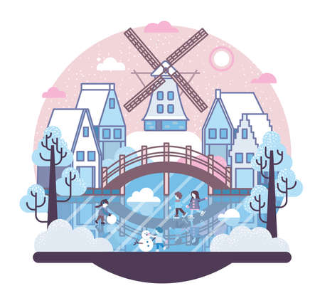 Cartoon people ice skating under a bridge on a frozen river . Vector cartoon illustration in flat stileのイラスト素材