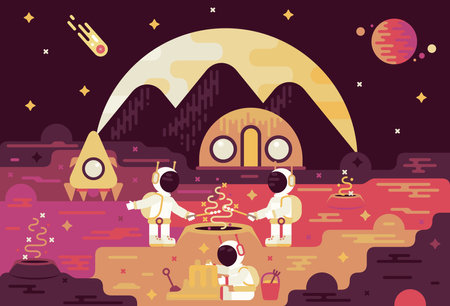 Three astronauts relax, fry marshmallows near the crater and build a sandcastle. Vector Illustration Space Tourism Conceptのイラスト素材
