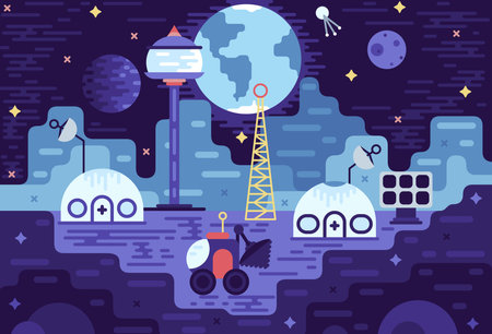 Landscape of moon surface with colony base. Galaxy exploration and colonization. Vector illustration in cartoon stileのイラスト素材