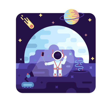 Astronaut filming his blog on the uninhabited planet - Vector cartoon illustration with space tourism or reportage on life on the moonのイラスト素材