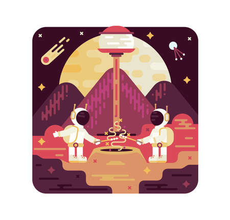 Two astronauts frying marshmallows over a crater near a space station - vector cartoon illustrationのイラスト素材