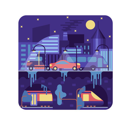 Highway road in night city - vector cartoon illustration in flat stileのイラスト素材