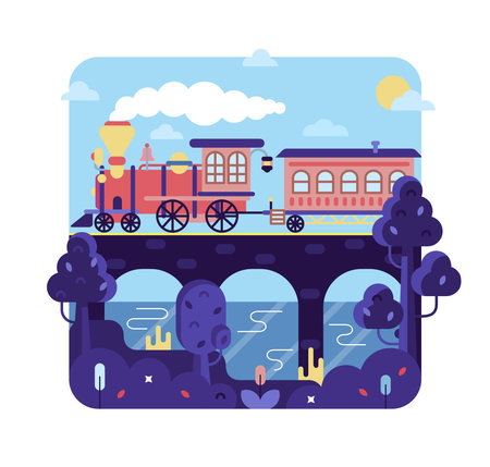 Red vintage train on the bridge - vector cartoon illustration in flat stileのイラスト素材
