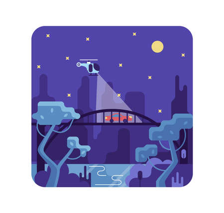 Helicopter chases a red racing car on a bridge - vector cartoon illustration in flat stileのイラスト素材