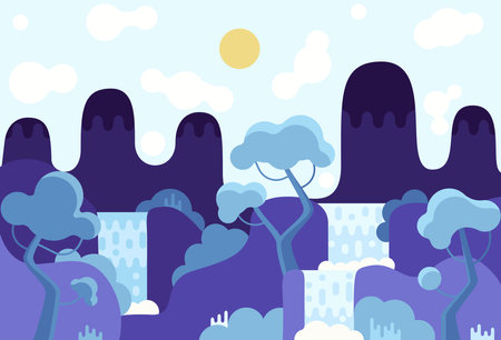 Mountains, waterfalls and trees in flat stileのイラスト素材