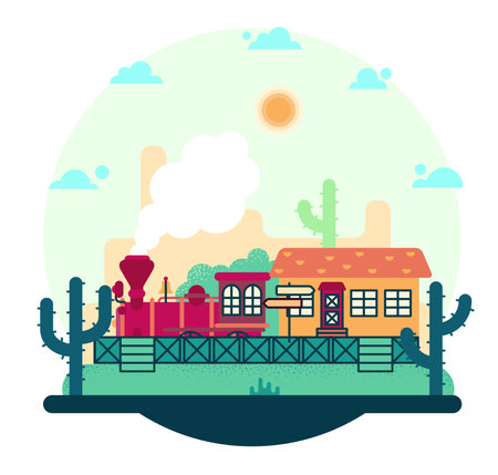 Old red train at the railway station. Wild west illustrationのイラスト素材