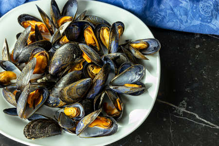 Delicious fresh steamed mussels in white wine sauce in a white plate on a dark gray backgroundの写真素材