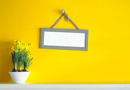 Gray photo frame hanging on yellow wall and a white ceramic pot with blooming yellow daffodils with copy spaceの写真素材