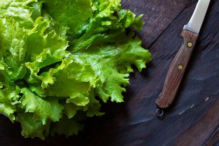 Fresh organic salad from a vegetable garden and a knife on an old wooden table, the concept of gardening and growing your own food, low key photo with top viewの写真素材