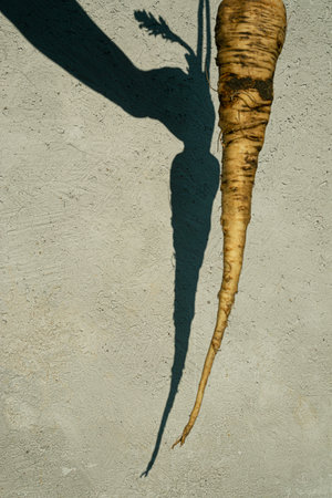 Parsnip and shadow on gray background, gardening and healthy eating conceptの写真素材