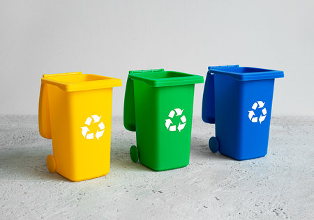 Blue, yellow and green open tank for separate garbage collection on a light background, waste recycling and conservation of the environment conceptの写真素材