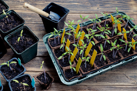 Transplanting tomato sprouts in biodegradable peat pots into reusable pots and gardening tools on the wooden surface, home gardening and connecting with nature conceptの写真素材