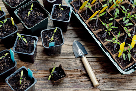 Transplanting, diving tomato sprouts in biodegradable peat pots into reusable pots and gardening tools on the wooden surface, home gardening and connecting with nature conceptの写真素材