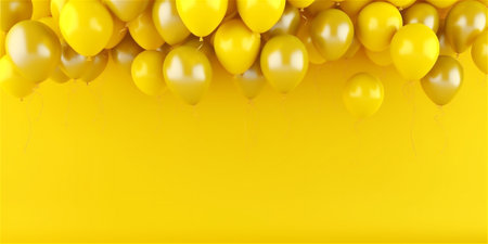 Yellow balloons on the top of yellow banner, the concept of a holiday, party, sales, opening ceremoniesの素材