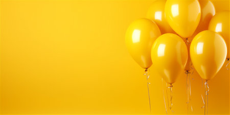 Yellow balloons on a yellow background, the concept of a holiday, party, sales, opening ceremonies, banner with copy spaceの素材