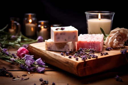 Assortment of organic handmade soaps and burning candles on a wooden table, natural skin care and spa conceptの素材