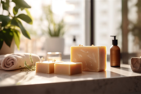 Organic handmade herbal soap in the bathroom on the background of the windowの素材
