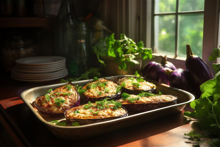Baked eggplants in a baking dish on a wooden table in the kitchen near the windowの素材