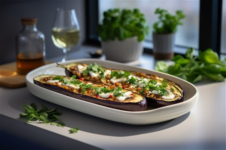 Stuffed eggplants in a baking dish on a white table in the kitchen near the windowの素材