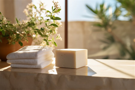 Handmade organic soap in the modern bathroom near the window, spa and natural skin care conceptの素材