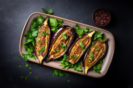 Baked eggplants in a baking dish on a dark table, top viewの素材