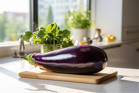 Fresh eggplant on a cutting board close up in a light modern kitchen near the windowの素材