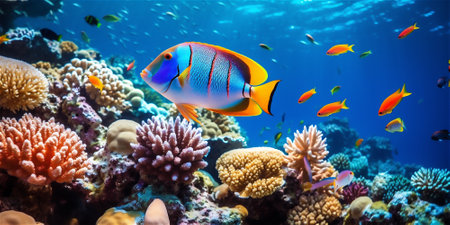 Underwater world, colorful exotic fish close-up and sea plants underwater sceneの素材