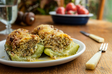 Stuffed zucchini, baked with meat, onions, herbs and cheese on the wooden tableの写真素材