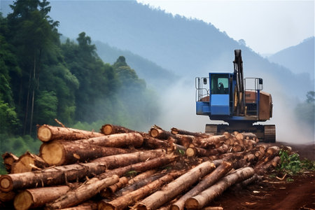 Deforestation in rural areas, destruction of forests with heavy machinery felling trees, timber harvesting.の素材