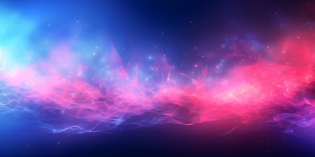Abstract gradient background with bright neon curves and flares in the fogの素材