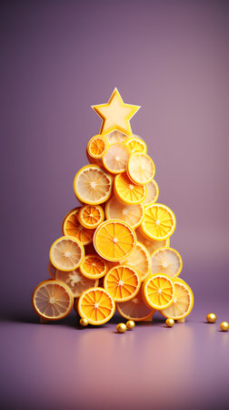 Christmas tree made of orange slices with a yellow star on a purple backgroundの素材