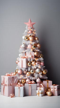 White Christmas tree decorated with soft pink balls and a lot of gift boxes, vertical 3D backgroundの素材