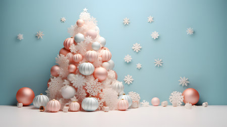 Christmas tree made of balls and snowflakes 3D on blue backgroundの素材