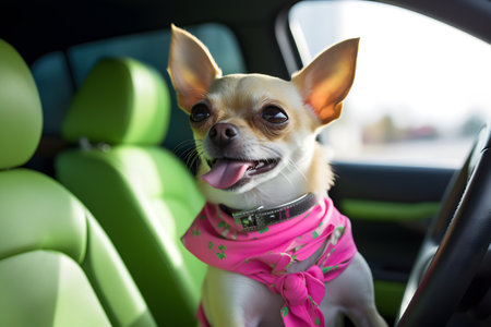 A small chihuahua dog sitting in a green carの素材
