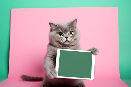 A gray cat holds smartphone in its pawsの素材