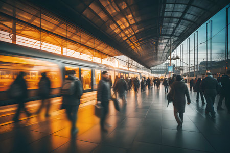 People walk along the platform of a railway station near a trainの素材