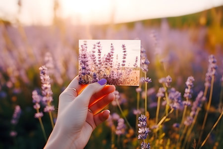 Close-up of a woman's hand holding an instant photo of blooming lavender with a real blurred landscape in the backgroundの素材