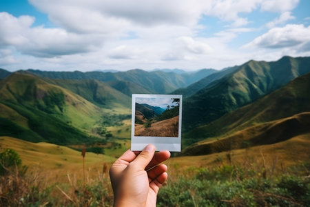 Close-up of a traveler's hand holding an instant photo of a summer mountain landscape with a real blurred landscape in the backgroundの素材