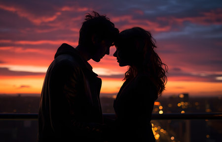 Silhouette of a couple in profile face to face hugging against the backdrop of a sunset sky and a blurry city with night lightsの素材