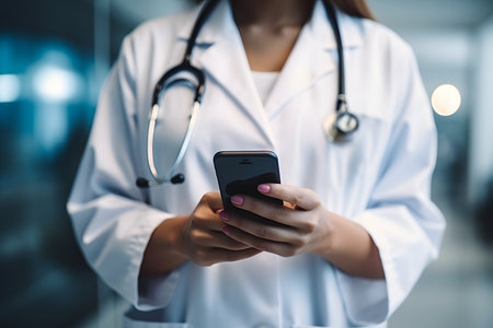 A doctor holds a smartphone in his hand and talks to his patient via video communication, the concept of telemedicine and online medicineの素材