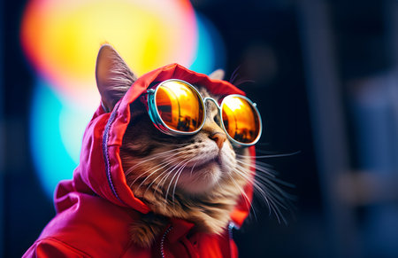 Portrait of an anthropomorphic humanized gray cat wearing a pink jacket with a hood on the street of the evening city illuminated by neon lightの素材