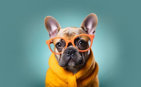 Funny anthropomorphic humanized French bulldog wearing glasses and a knitted sweater on a blue background.の素材