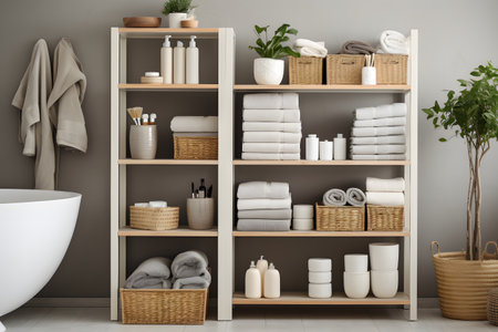 Neatly arranged towels and baskets with cosmetics on the shelves of an open cabinet in a modern bathroom, order and systematization of storage conceptの素材