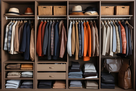 Men's clothing neatly laid out and sorted on shelves in an open closet, concept of order and storage systematizationの素材