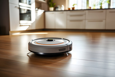 Robot vacuum cleaner on the floor of a modern kitchenの素材