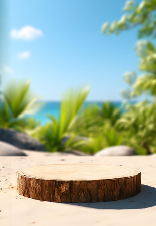 Wooden podium as showcase for cosmetic display against the backdrop of summer natureの素材