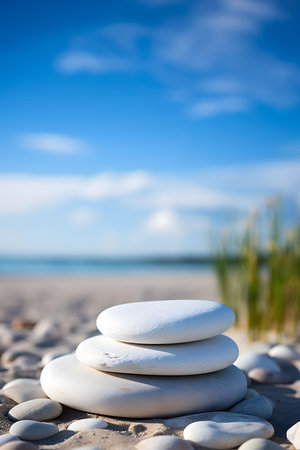 Natural stone podium for product display and mock up presentation stand against the backdrop of the seashoreの素材